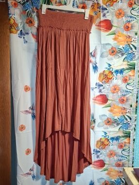 Free People Beach High-Low Smocked Waist Maxi Skirt in Rust Size Small